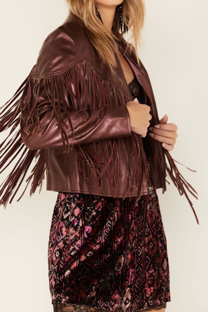 Special Offer Idyllwind Women's Metallic Fringe Leather Moto Jacket | Grape