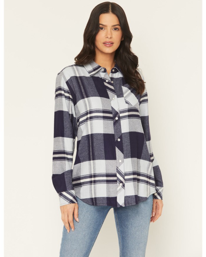Special Offer Idyllwind Women's Shadowood Plaid Print Long Sleeve Snap Flannel Shirt | Indigo