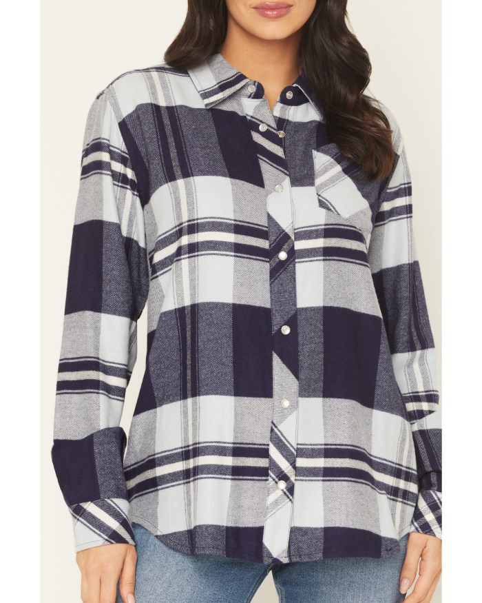 Special Offer Idyllwind Women's Shadowood Plaid Print Long Sleeve Snap Flannel Shirt | Indigo