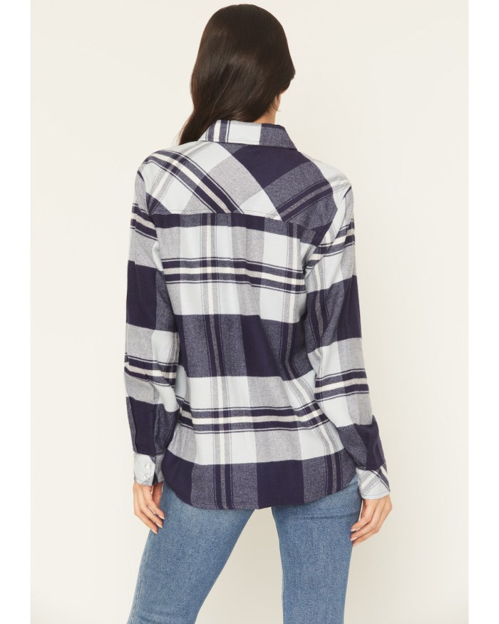 Special Offer Idyllwind Women's Shadowood Plaid Print Long Sleeve Snap Flannel Shirt | Indigo