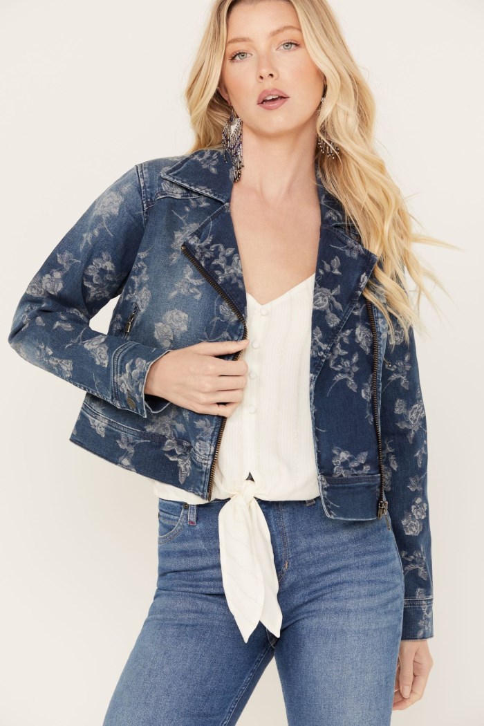 Special Offer Idyllwind Women's Floral Drive Print Denim Moto Jacket | Dark Medium Wash
