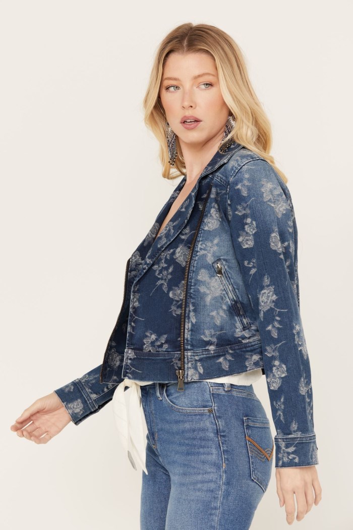 Special Offer Idyllwind Women's Floral Drive Print Denim Moto Jacket | Dark Medium Wash