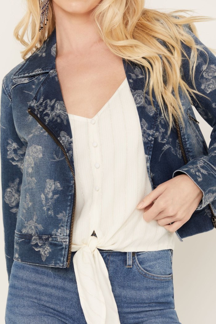 Special Offer Idyllwind Women's Floral Drive Print Denim Moto Jacket | Dark Medium Wash