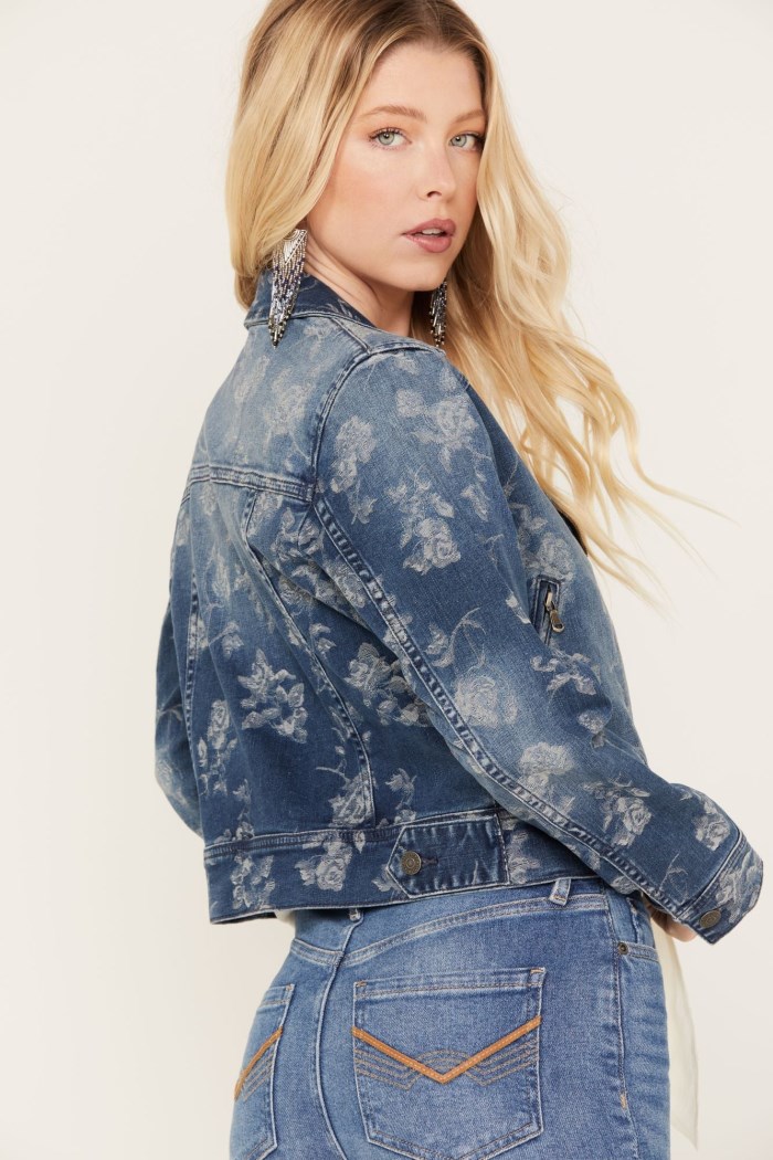 Special Offer Idyllwind Women's Floral Drive Print Denim Moto Jacket | Dark Medium Wash
