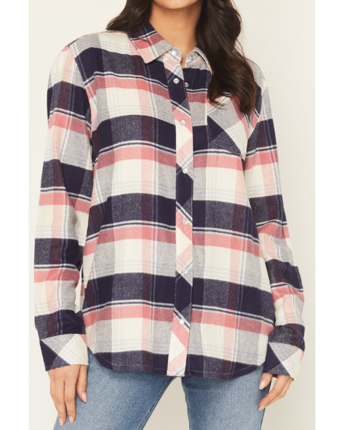 Special Offer Idyllwind Women's Skip Jack Plaid Print Long Sleeve Snap Flannel Shirt | Indigo