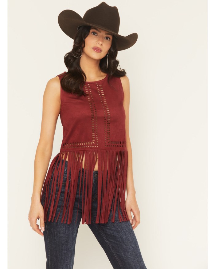 Special Offer Idyllwind Women's Whitsett Cutout Faux Suede Fringe Tank Top | Cherry