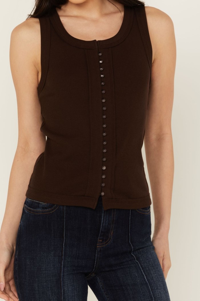 Special Offer Idyllwind Women's Edna Button Front Ribbed Tank | Dark Brown