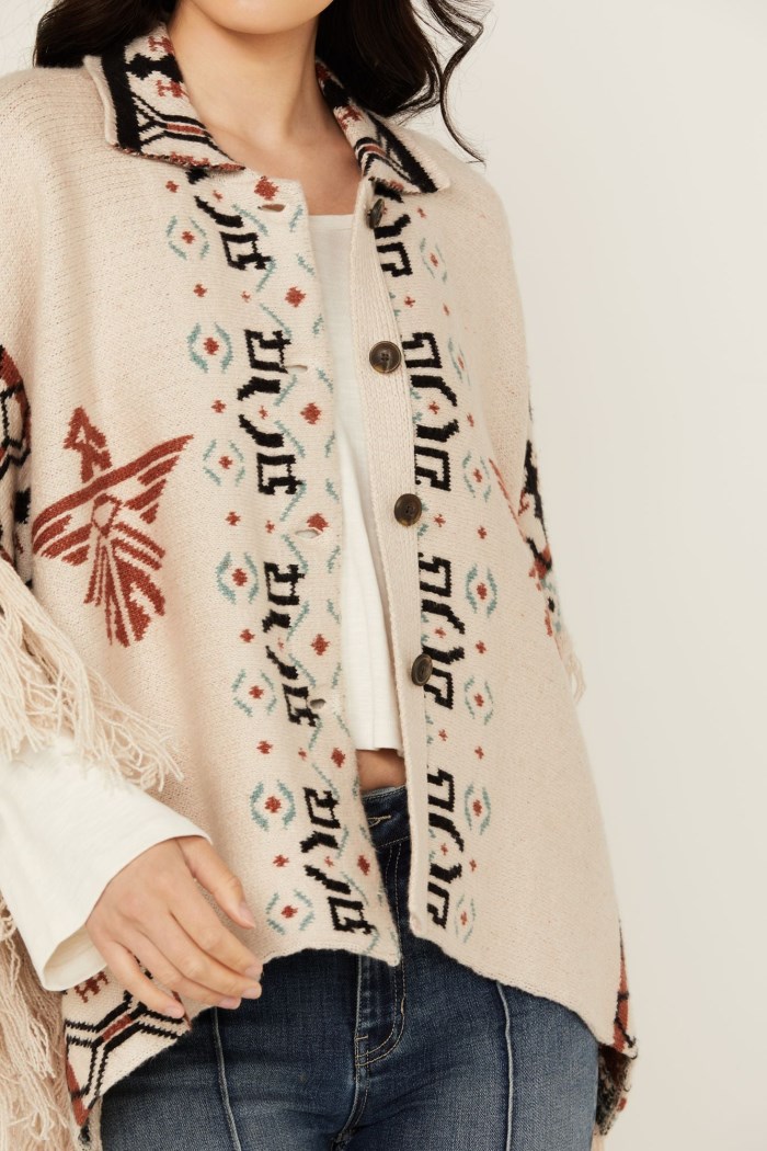 Special Offer Idyllwind Women's Flyaway Southwestern Print Fringe Button-Down Poncho | Ivory