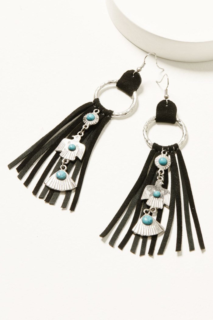 Special Offer Idyllwind Women's Garland Thunderbird Leather Fringe Earrings | Black