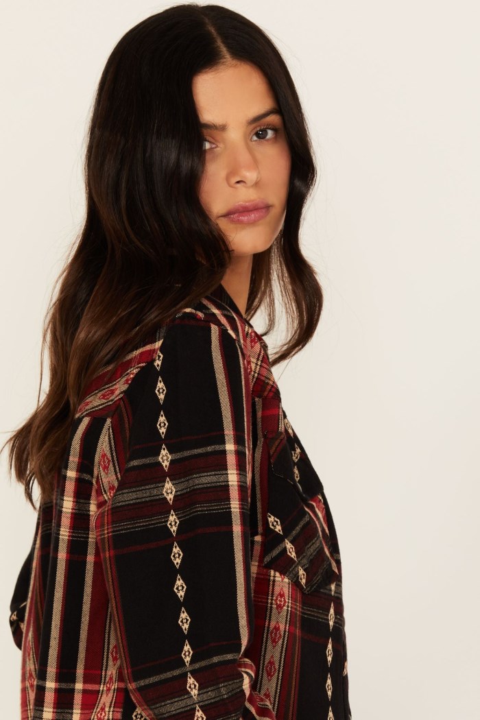 Special Offer Idyllwind Women's Glenmond Dobby Plaid Print Long Sleeve Snap Flannel Shirt | Black