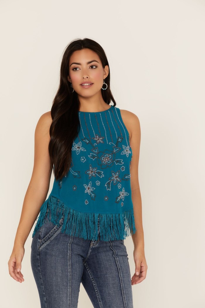 Special Offer Idyllwind Women's Cameo Beaded Fringe Tank Top | Blue