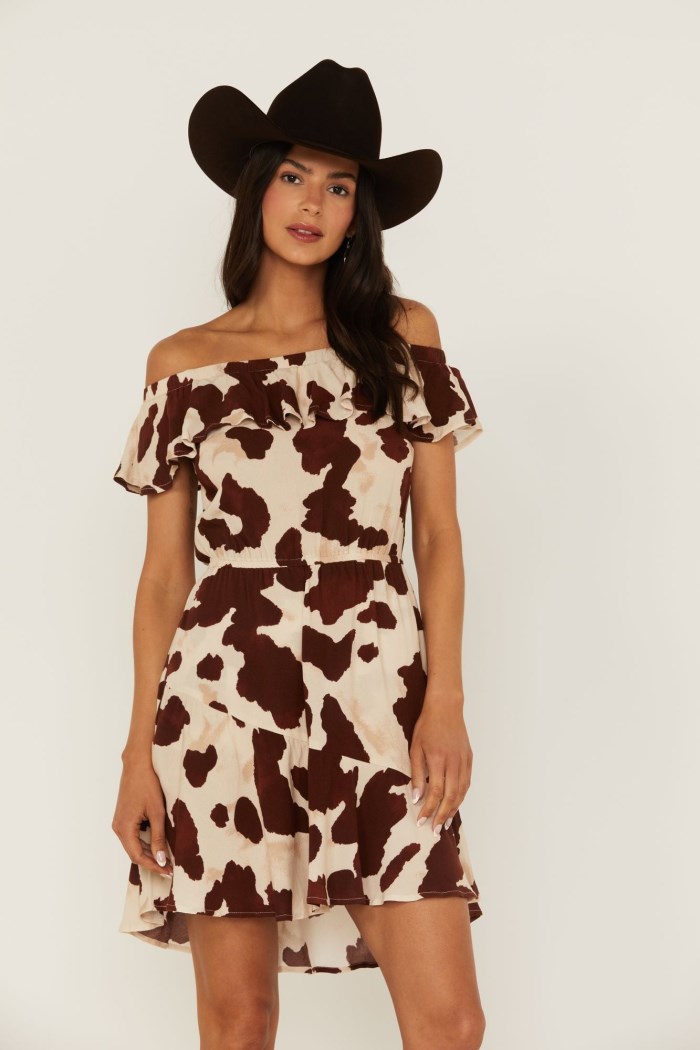 Special Offer Idyllwind Women's Made For This Off-Shoulder Cow Print Dress | Tan