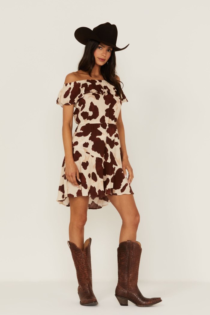 Special Offer Idyllwind Women's Made For This Off-Shoulder Cow Print Dress | Tan