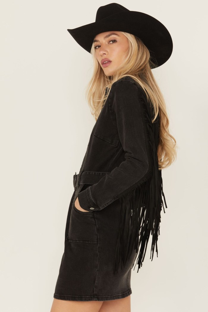 Special Offer Idyllwind Women's Fringe Long Sleeve Stretch Denim Mini Dress | Black