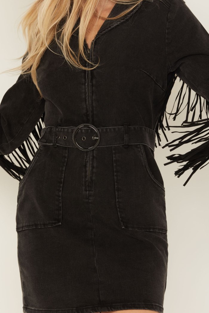 Special Offer Idyllwind Women's Fringe Long Sleeve Stretch Denim Mini Dress | Black