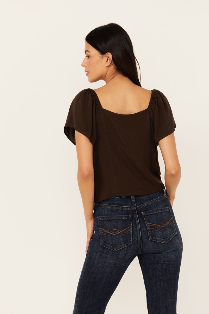 Special Offer Idyllwind Women's Tern Flutter Sleeve Tie Front Top | Dark Brown