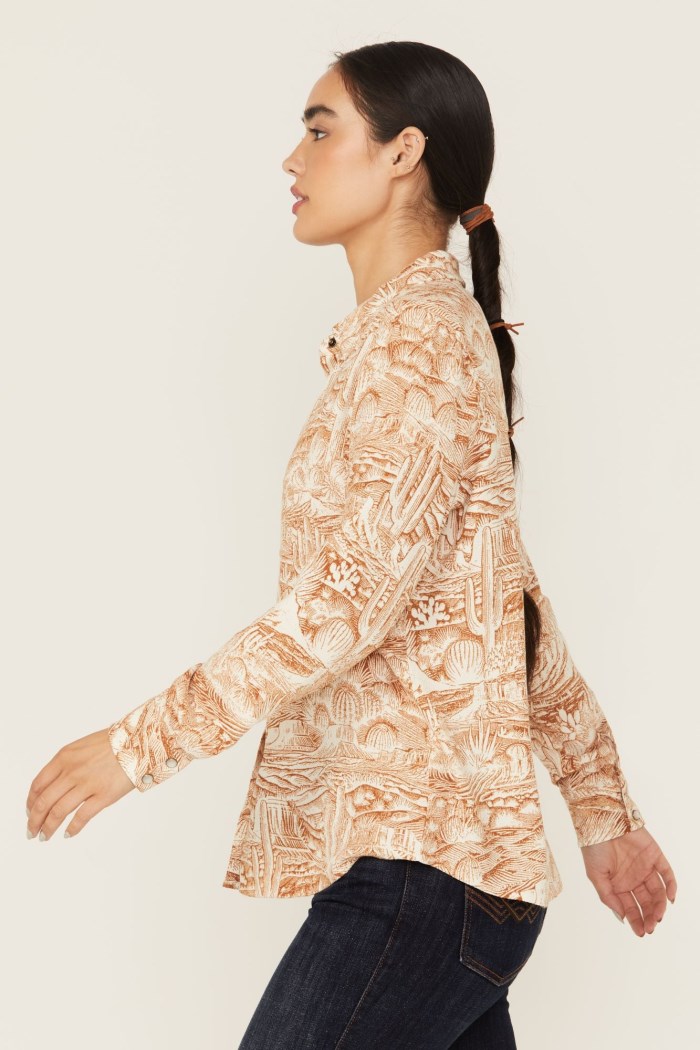 Special Offer Idyllwind Women's Rockwall Conversation Print Feather Light Long Sleeve Pearl Snap Western Shirt | Caramel