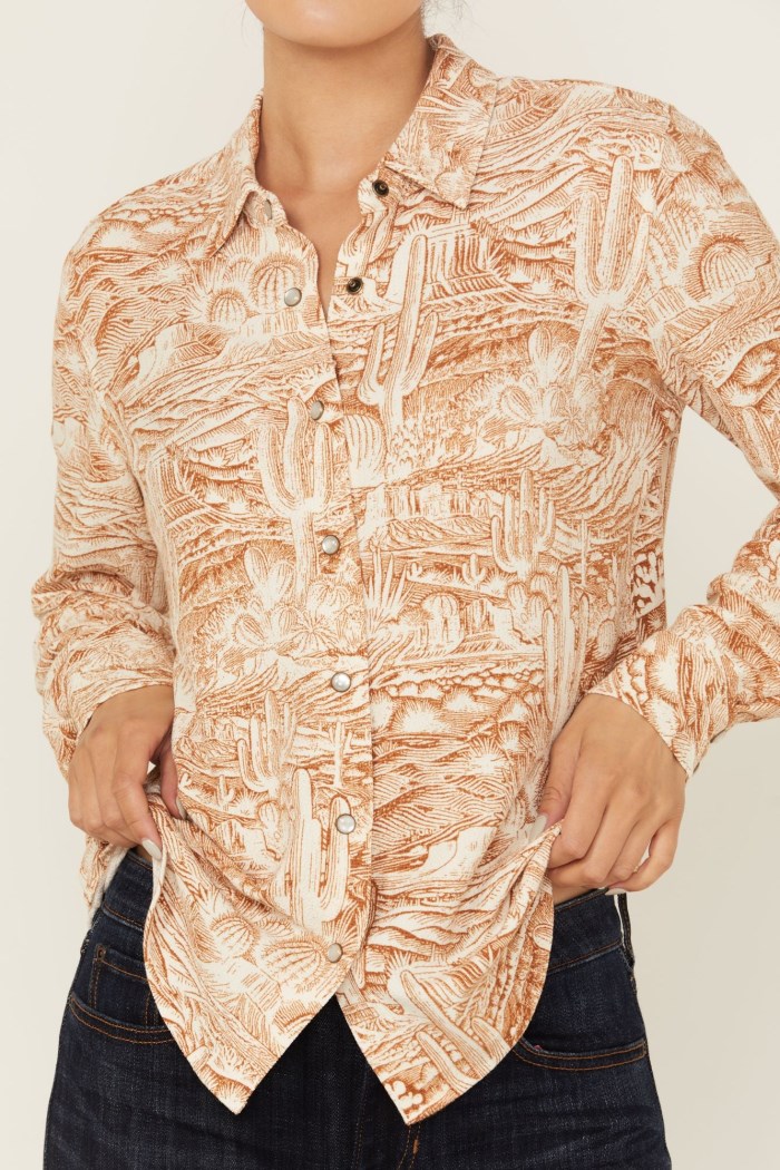 Special Offer Idyllwind Women's Rockwall Conversation Print Feather Light Long Sleeve Pearl Snap Western Shirt | Caramel