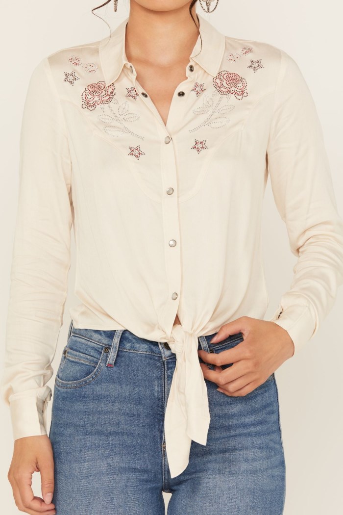 Special Offer Idyllwind Women's Jessamin Embellished Long Sleeve Tie-Front Snap Western Shirt | Ivory