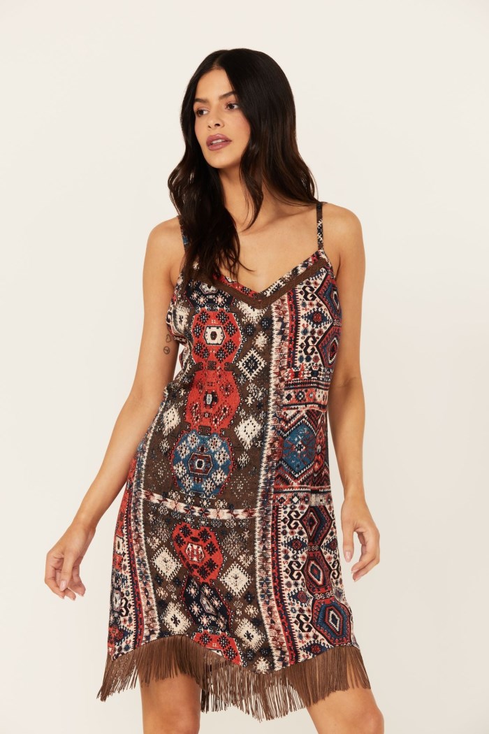 Special Offer Idyllwind Women's Yearling Printed Fringe Slip Dress | Dark Brown