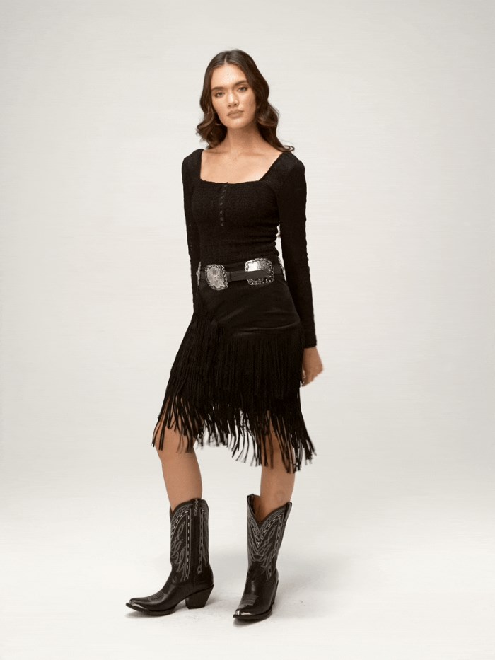 Special Offer Idyllwind Women's Tina Asymmetrical Faux Suede Fringe Mini Skirt | Black