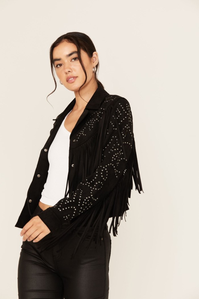 Special Offer Idyllwind Women's Blair Fringe and Studded Faux Suede Snap Jacket | Black