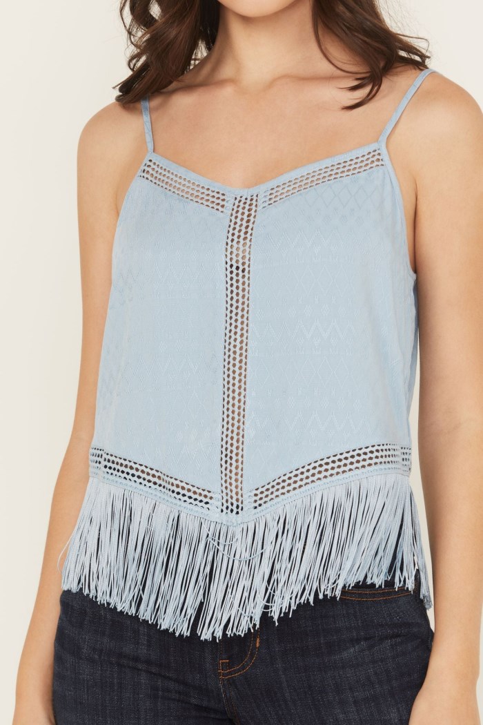 Special Offer Idyllwind Women's Briarwick Jacquard Print Fringe And Lace Tank Top | Light Blue
