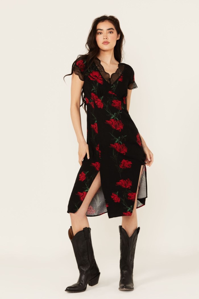 Special Offer Idyllwind Women's Rosely Floral Print Lace Trim Midi Dress | Black