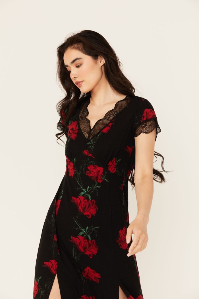 Special Offer Idyllwind Women's Rosely Floral Print Lace Trim Midi Dress | Black