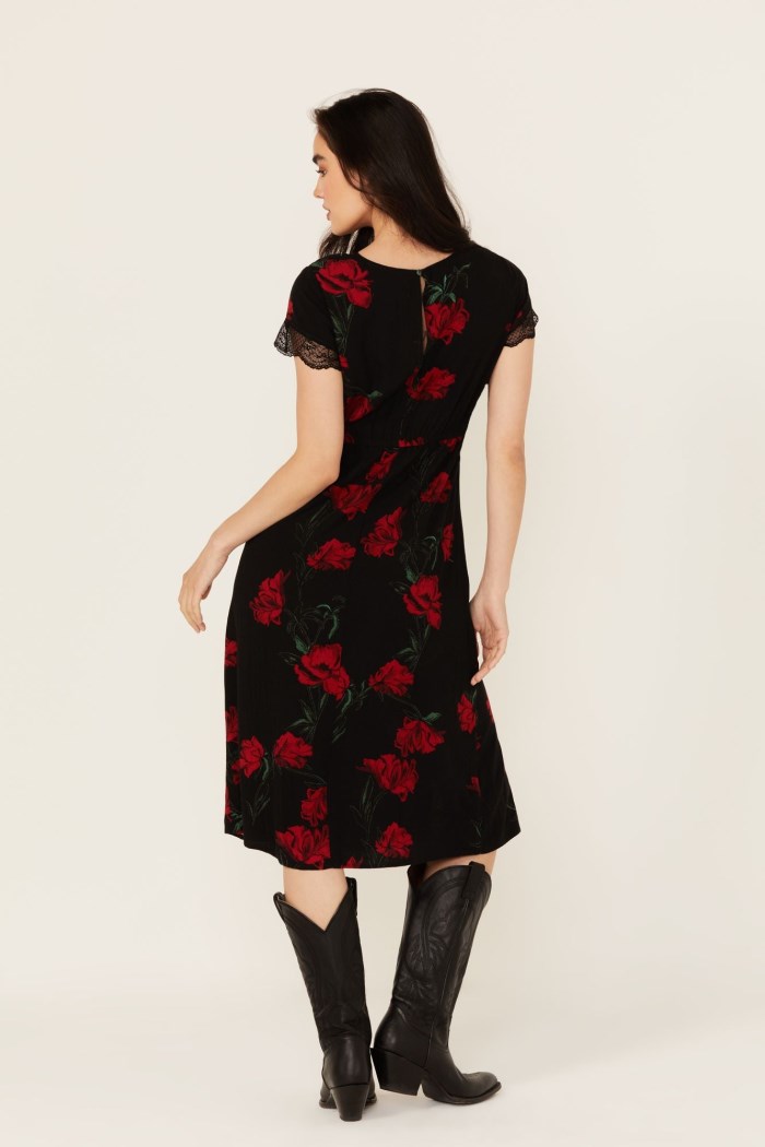 Special Offer Idyllwind Women's Rosely Floral Print Lace Trim Midi Dress | Black