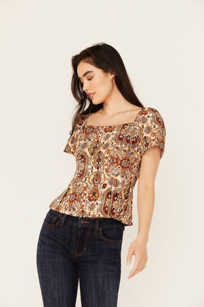 Special Offer Idyllwind Women's Slaydon Tapestry Print Short Sleeve Shirt | Lt Brown