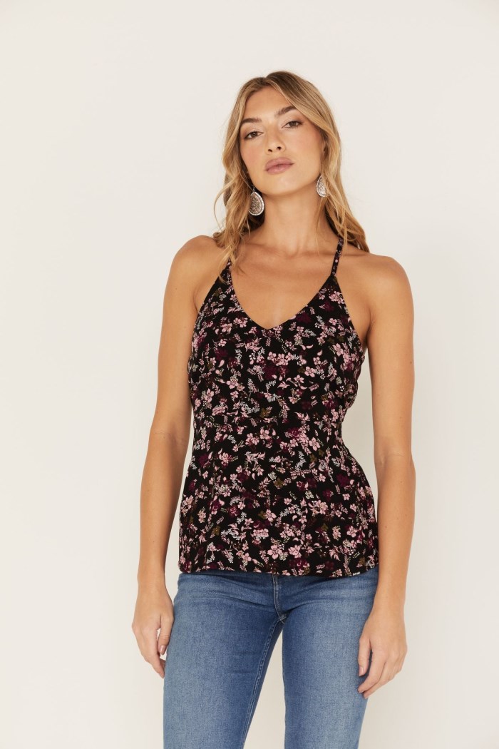 Special Offer Idyllwind Women's Floral Print Keyhole Racer Tank Top | Black