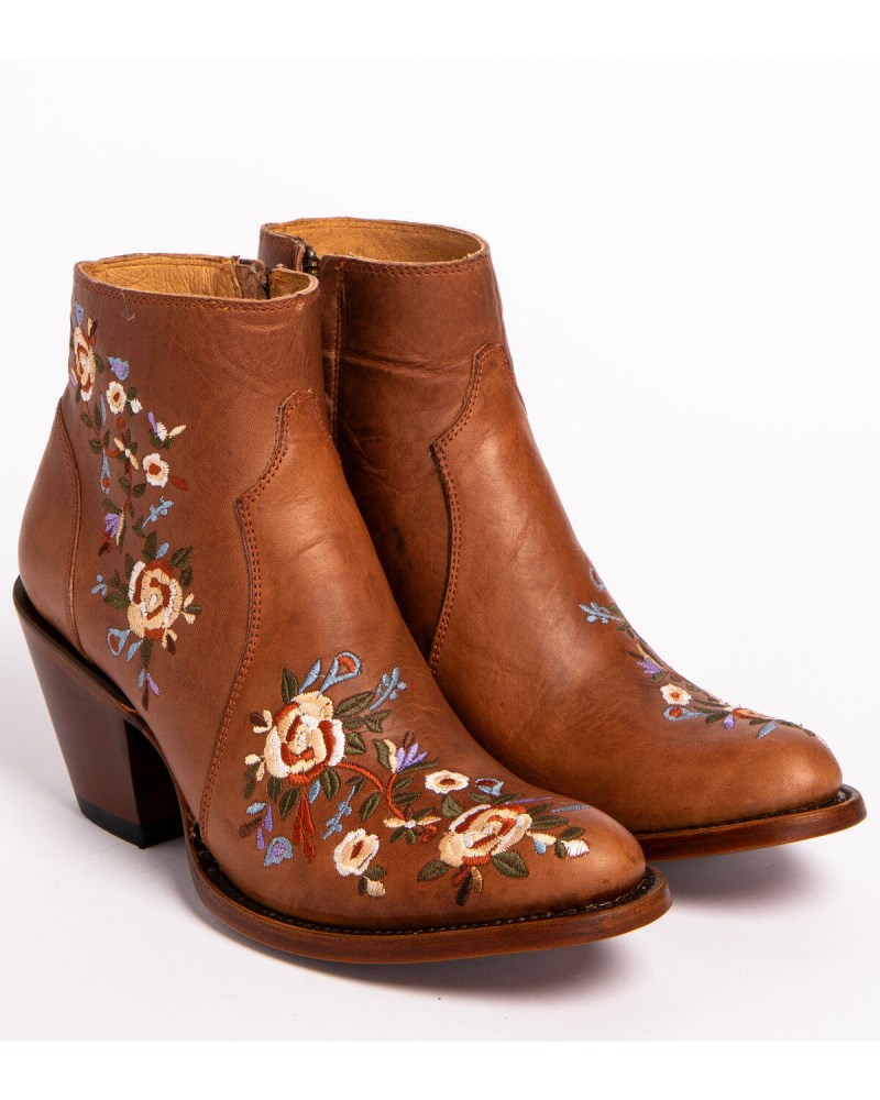 Quick Ship Shyanne Latest Women's Millie Floral Embroidered Booties - Round Toe | Brown