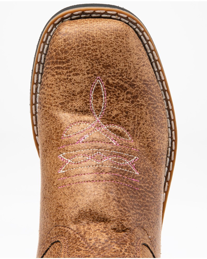 Quick Ship Shyanne Latest Girls' Madison Faux Leather Western Boots - Square Toe | Brown/pink