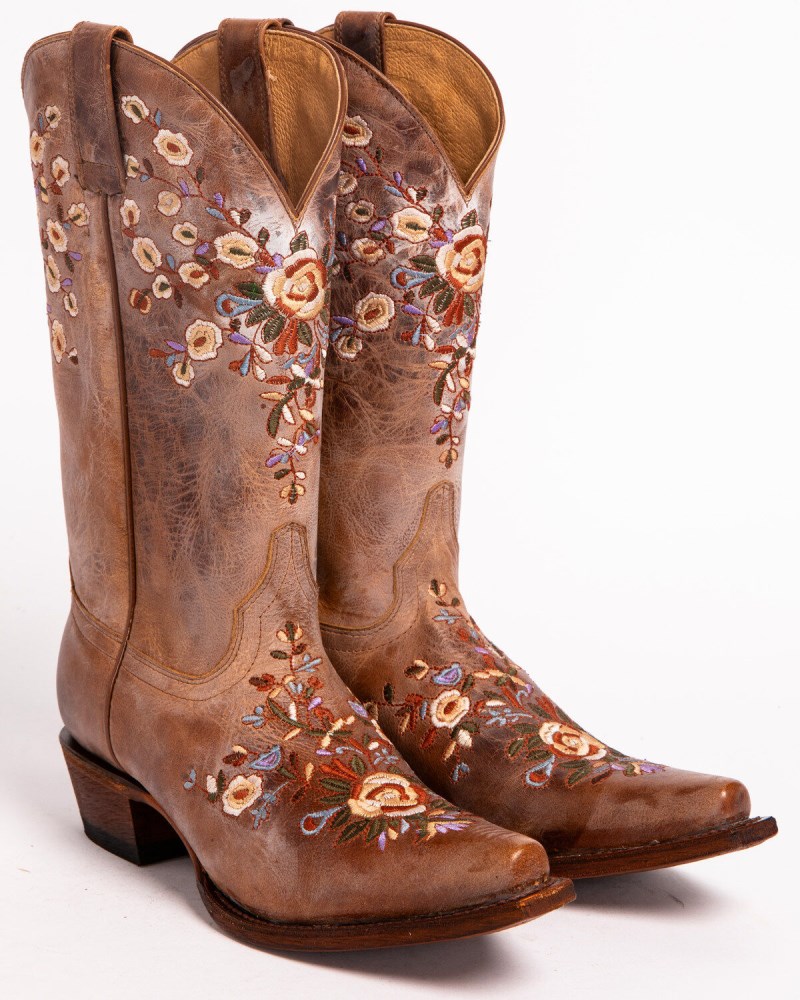 Quick Ship Shyanne Latest Women's Maisie Floral Embroidered Western Leather Boots - Snip Toe | Brown