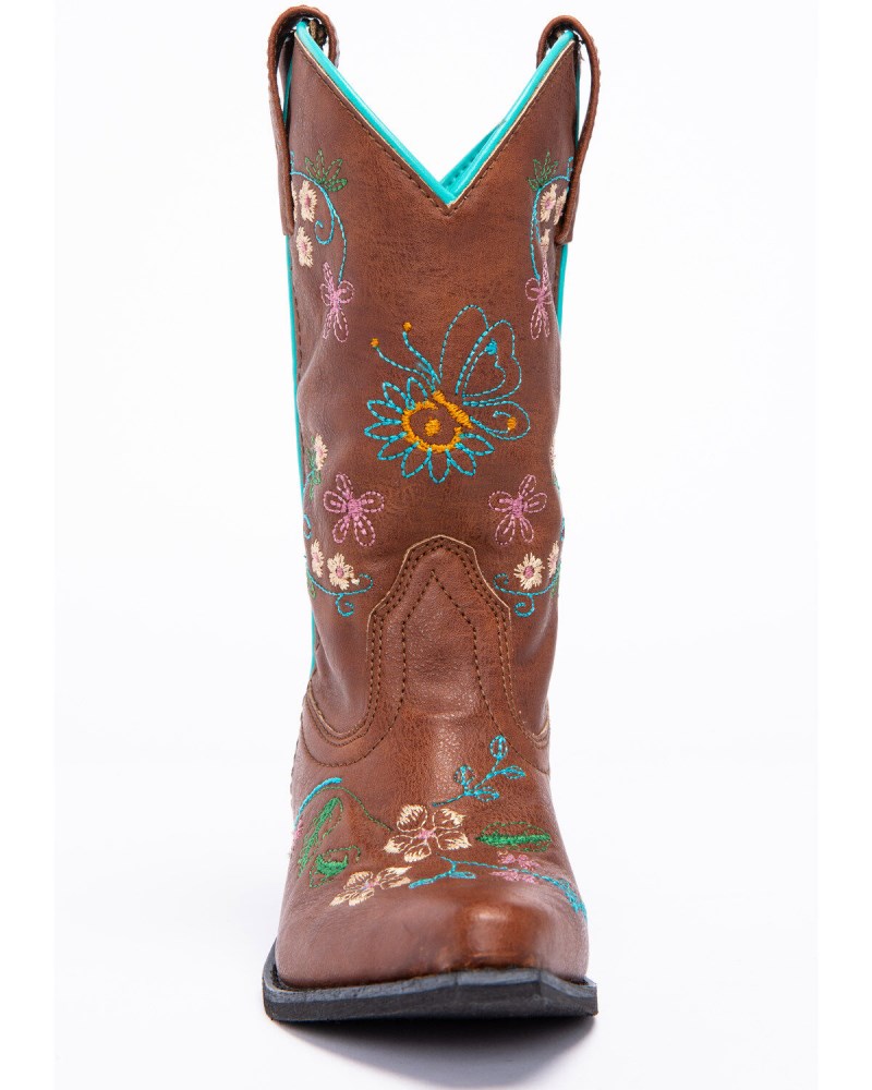 Quick Ship Shyanne Latest Girls' Floral Embroidery Western Boots - Snip Toe | Brown