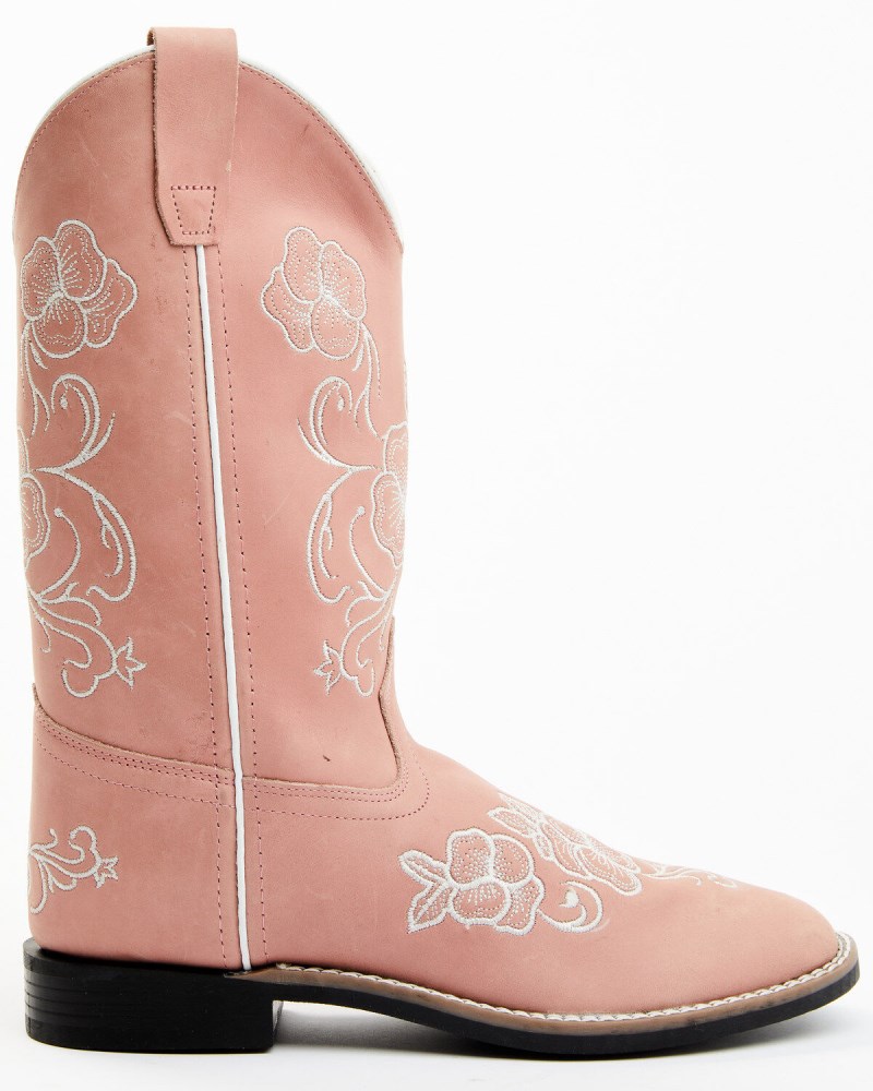 Quick Ship Shyanne Latest Girls' Little Lasy Floral Embroidered Leather Western Boots - Broad Square Toe | Pink