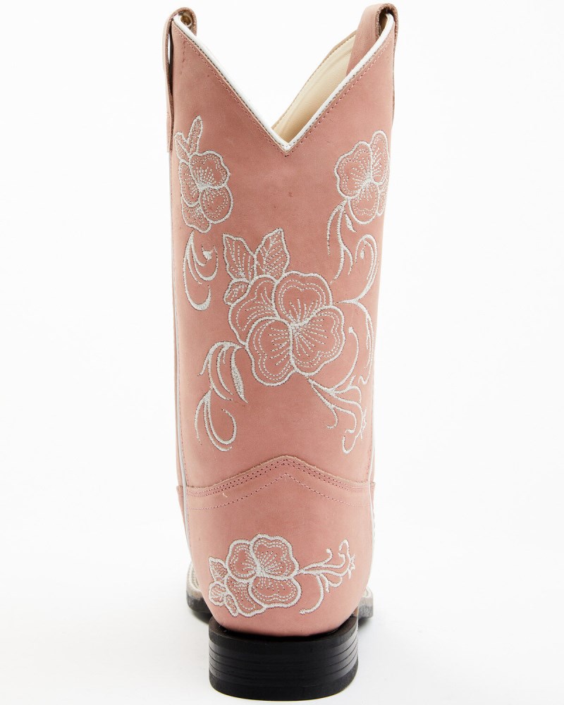 Quick Ship Shyanne Latest Girls' Little Lasy Floral Embroidered Leather Western Boots - Broad Square Toe | Pink