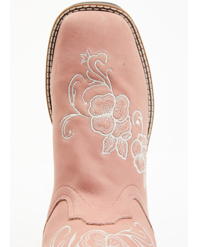 Quick Ship Shyanne Latest Girls' Little Lasy Floral Embroidered Leather Western Boots - Broad Square Toe | Pink