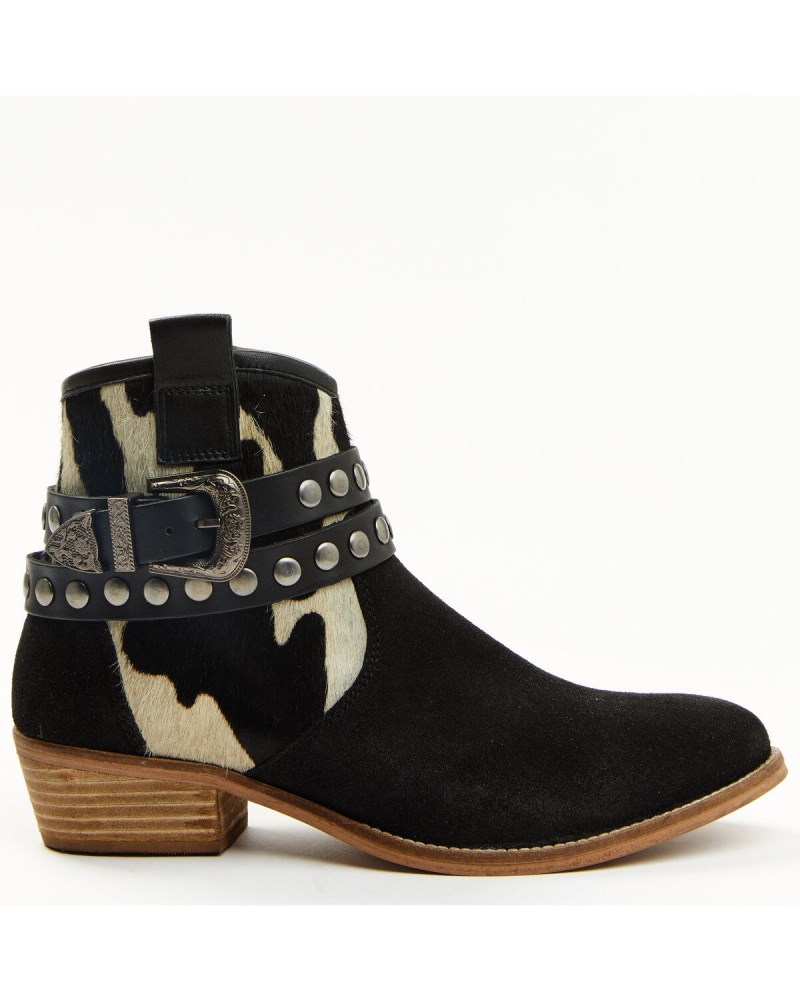 Quick Ship Shyanne Latest Women's Bess Cow Print Western Booties - Round Toe | Black